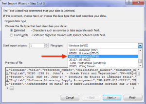 Figure 6 - Selecting UTF-8 in Text Import Wizards