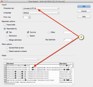 Figure 1: Example of a CSV import wizard showing incorrect encoding