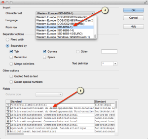 Figure 3: A CSV import wizard showing proper character encoding